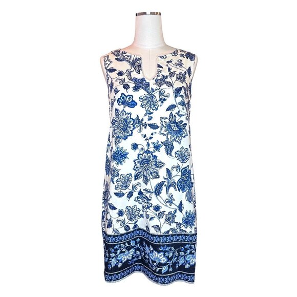 Boho Blue Floral Border Print Shift Dress Size 6 Sleeveless Summer Mediterranean - Picture 2 of 16